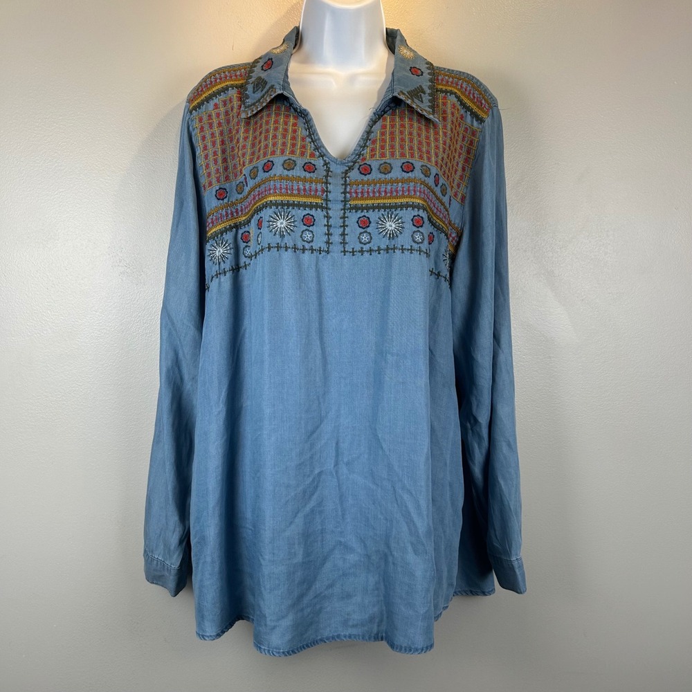 Multiples Womens XL Blue Lyocell Embroidered Boho Tunic Long Sleeve‎ Top